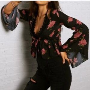 Don't Ask Why bell sleeve floral tie front top